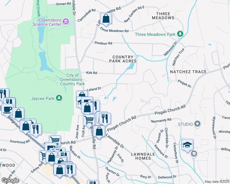 map of restaurants, bars, coffee shops, grocery stores, and more near 3 Round Oak Court in Greensboro