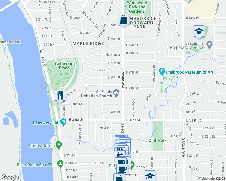 map of restaurants, bars, coffee shops, grocery stores, and more near 1237 East 29th Place in Tulsa