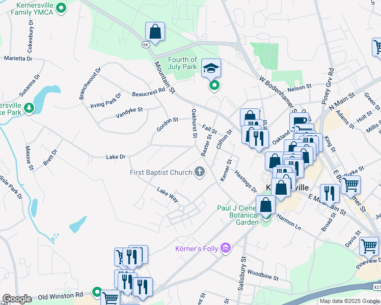 map of restaurants, bars, coffee shops, grocery stores, and more near 309 Mountain View Drive in Kernersville