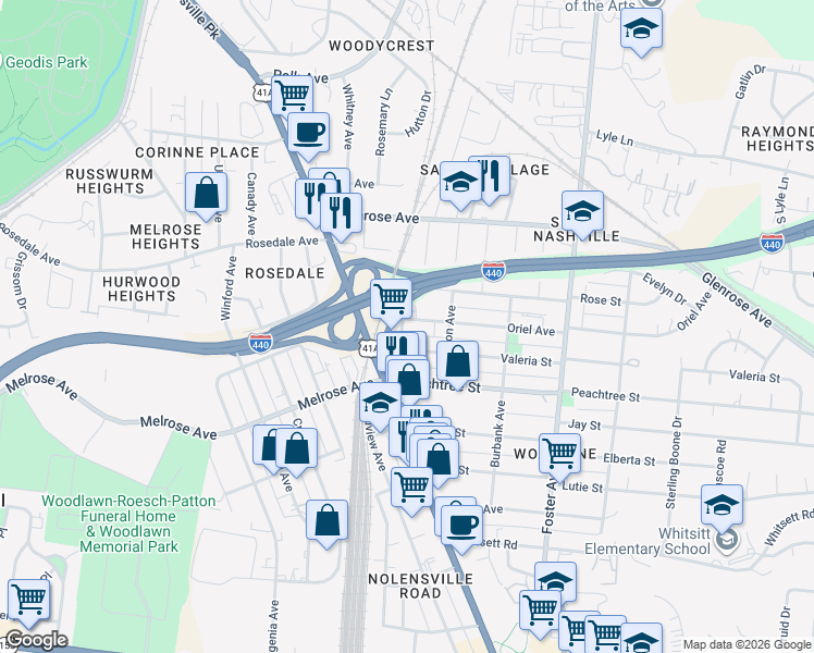 map of restaurants, bars, coffee shops, grocery stores, and more near 348B Valeria Street in Nashville