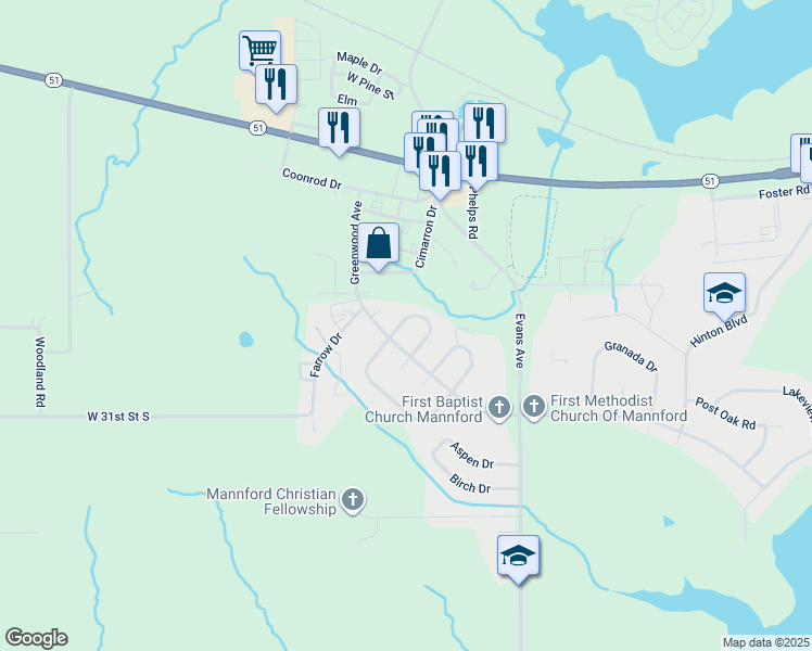 map of restaurants, bars, coffee shops, grocery stores, and more near 101 Greenbrier Circle in Mannford