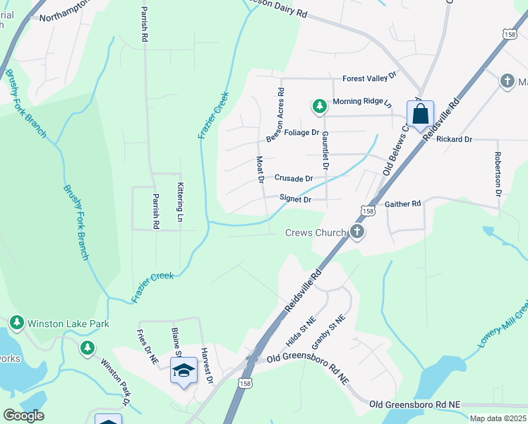 map of restaurants, bars, coffee shops, grocery stores, and more near 4175 Moat Drive in Winston-Salem