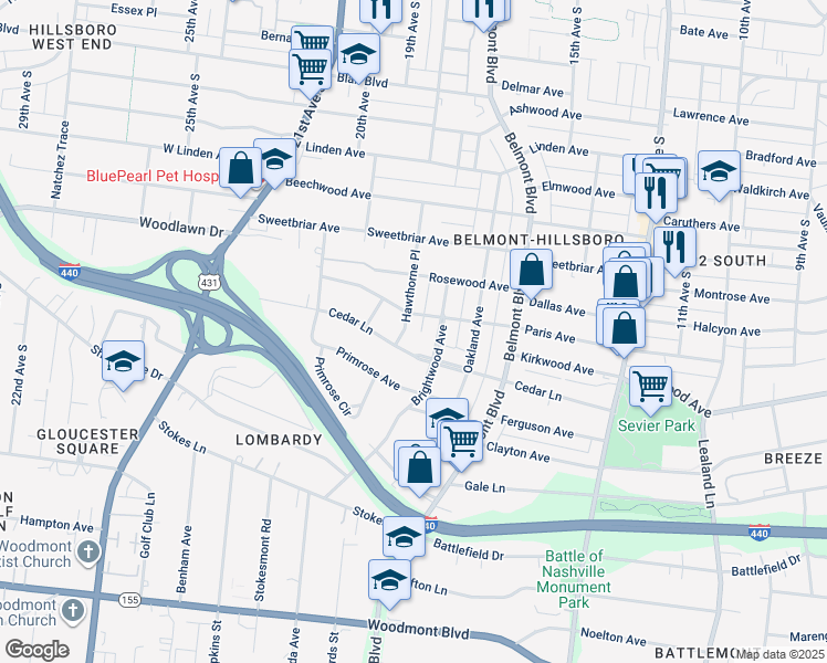 map of restaurants, bars, coffee shops, grocery stores, and more near 1814 Wildwood Avenue in Nashville