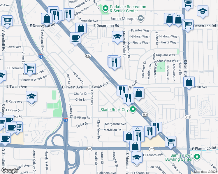 map of restaurants, bars, coffee shops, grocery stores, and more near 4530 East Twain Avenue in Las Vegas