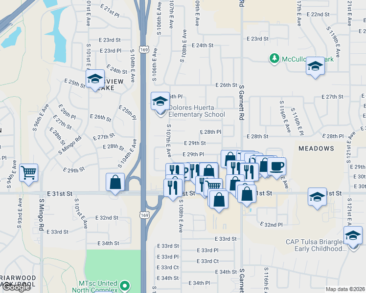 map of restaurants, bars, coffee shops, grocery stores, and more near 10738 East 28th Place in Tulsa