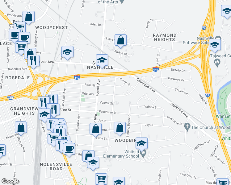 map of restaurants, bars, coffee shops, grocery stores, and more near 98 Oriel Avenue in Nashville
