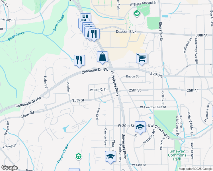 map of restaurants, bars, coffee shops, grocery stores, and more near 2602 Thurmond Street in Winston-Salem