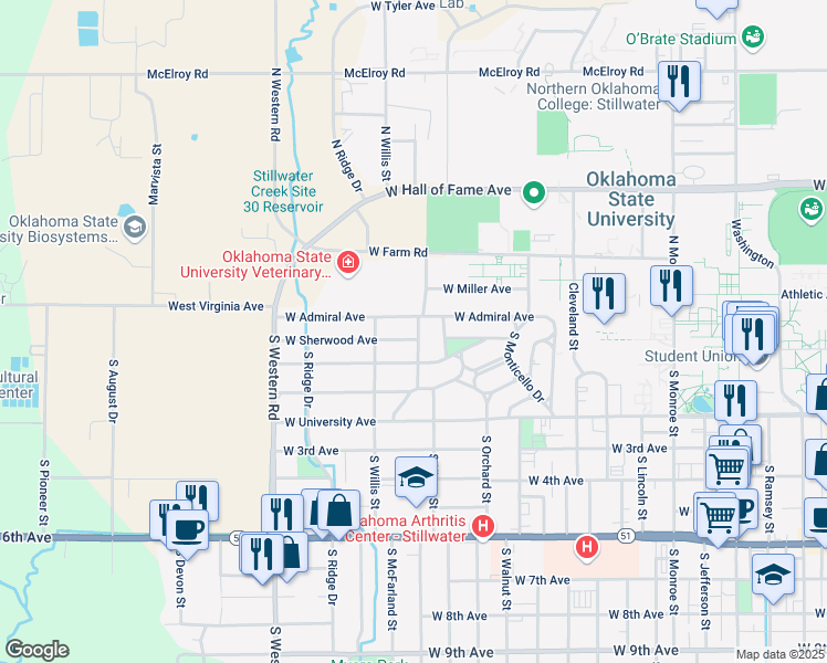 map of restaurants, bars, coffee shops, grocery stores, and more near 2004 West Sherwood Avenue in Stillwater
