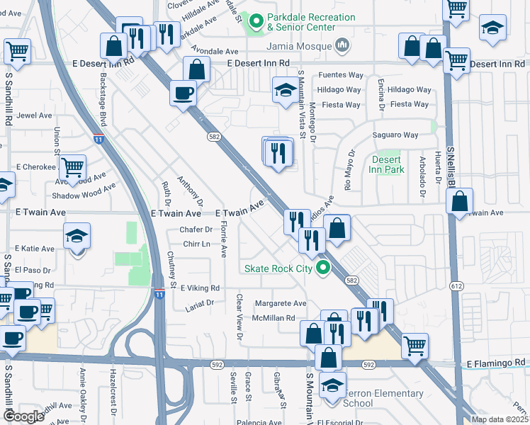 map of restaurants, bars, coffee shops, grocery stores, and more near 4530 East Twain Avenue in Las Vegas