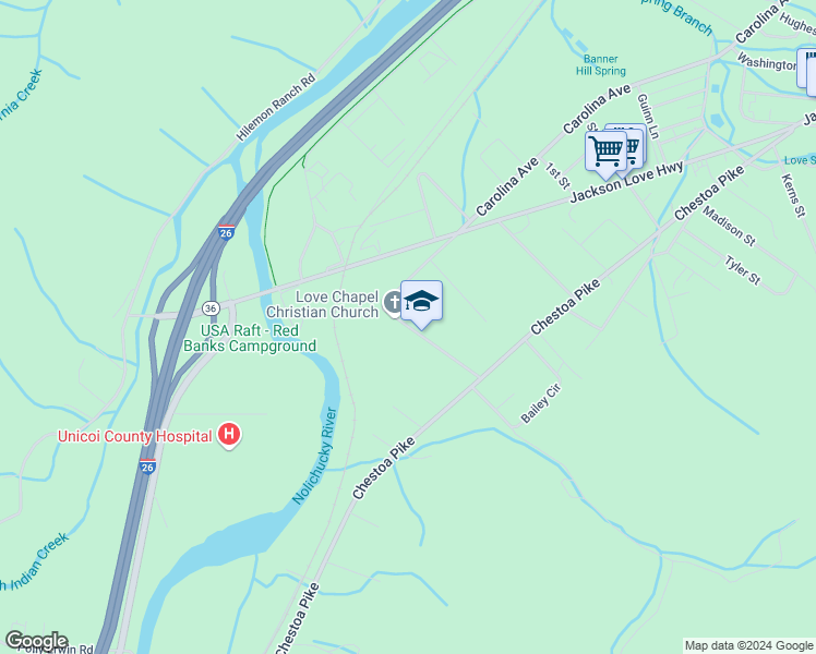 map of restaurants, bars, coffee shops, grocery stores, and more near 1324 Love Station Rd in Erwin