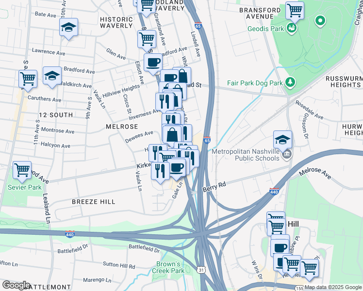 map of restaurants, bars, coffee shops, grocery stores, and more near 2729 Westwood Drive in Nashville