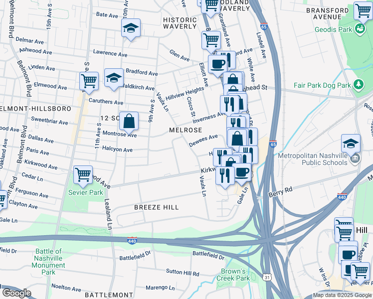 map of restaurants, bars, coffee shops, grocery stores, and more near in Nashville