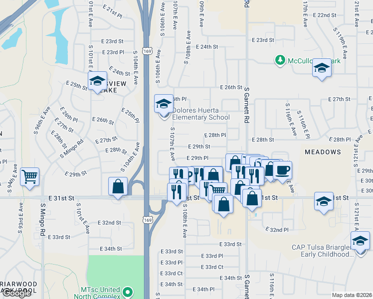 map of restaurants, bars, coffee shops, grocery stores, and more near 10738 East 28th Place in Tulsa