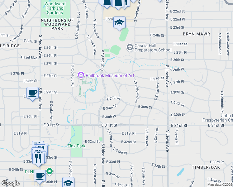 map of restaurants, bars, coffee shops, grocery stores, and more near 2810 South Victor Avenue in Tulsa