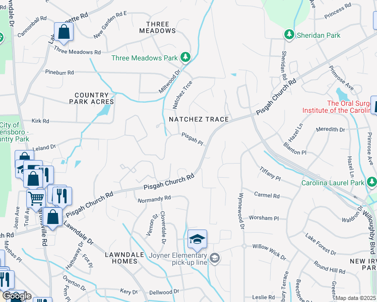 map of restaurants, bars, coffee shops, grocery stores, and more near 3047 Pisgah Place in Greensboro