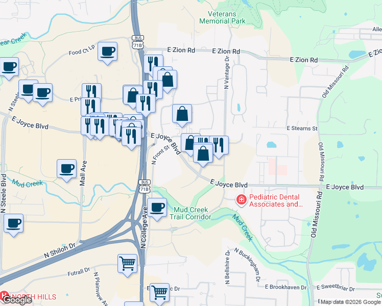 map of restaurants, bars, coffee shops, grocery stores, and more near 1200 East Joyce Boulevard in Fayetteville