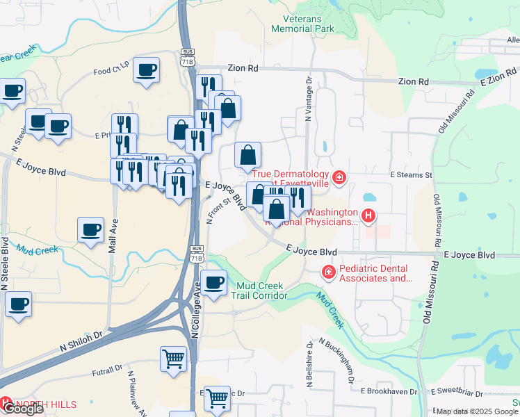 map of restaurants, bars, coffee shops, grocery stores, and more near 1200 East Joyce Boulevard in Fayetteville