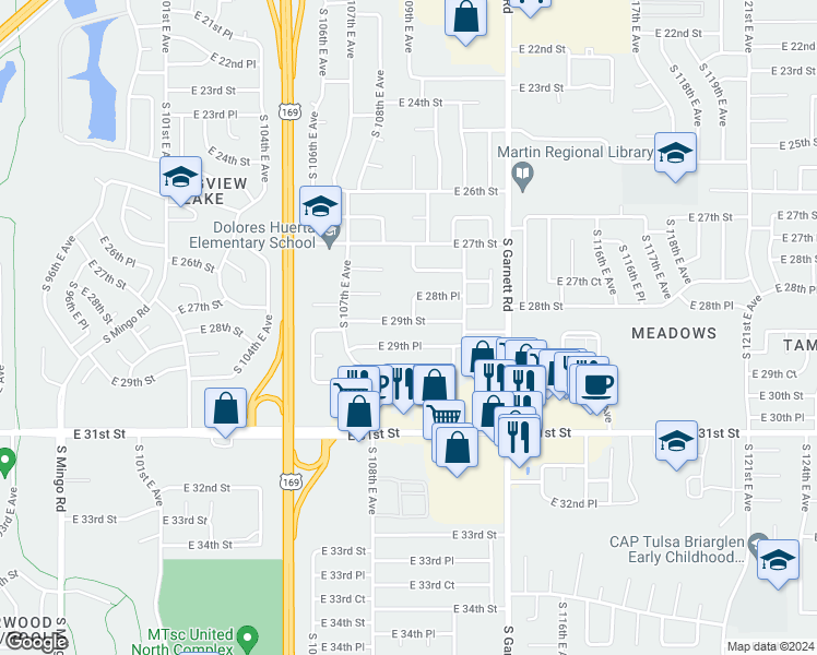map of restaurants, bars, coffee shops, grocery stores, and more near 10760 East 29th Street in Tulsa