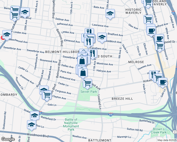 map of restaurants, bars, coffee shops, grocery stores, and more near 1104 Halcyon Avenue in Nashville