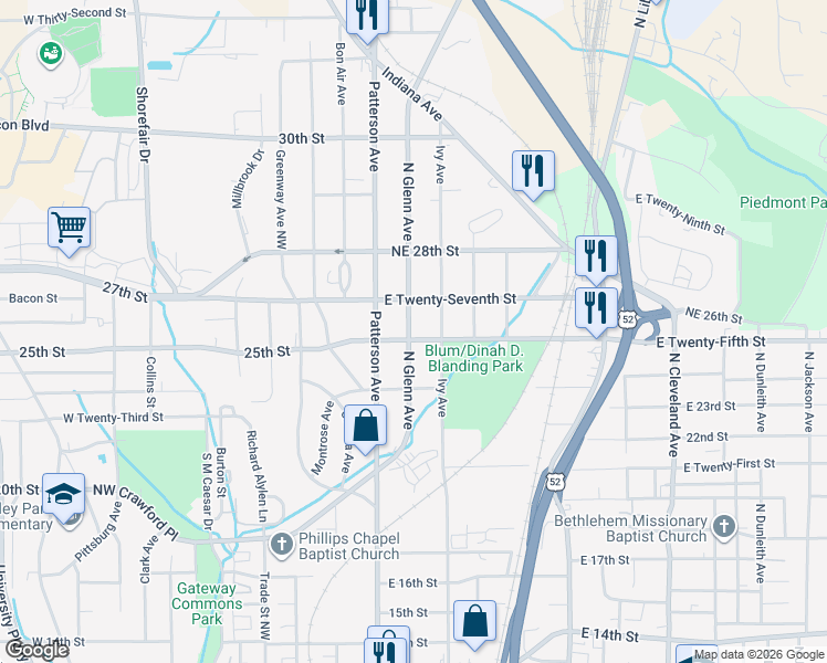 map of restaurants, bars, coffee shops, grocery stores, and more near 2520 Glenn Avenue Northeast in Winston-Salem