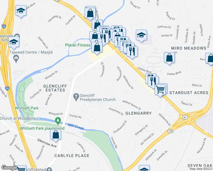 map of restaurants, bars, coffee shops, grocery stores, and more near 712 Woodmere Drive in Nashville