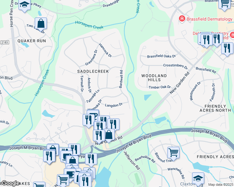 map of restaurants, bars, coffee shops, grocery stores, and more near 2904 Bardwell Road in Greensboro