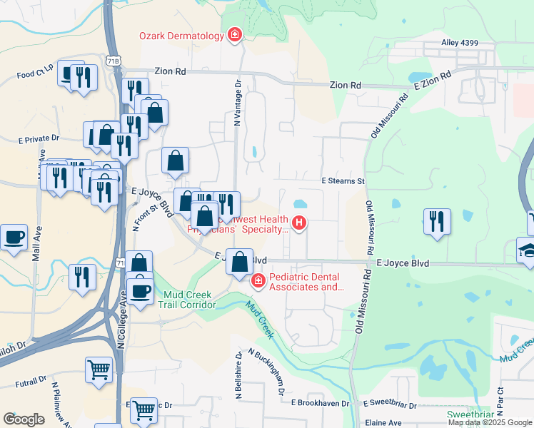 map of restaurants, bars, coffee shops, grocery stores, and more near 3950-3982 N Park Creek Dr in Fayetteville