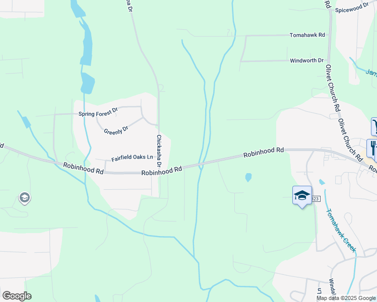 map of restaurants, bars, coffee shops, grocery stores, and more near 5881 Robinhood Road in Winston-Salem