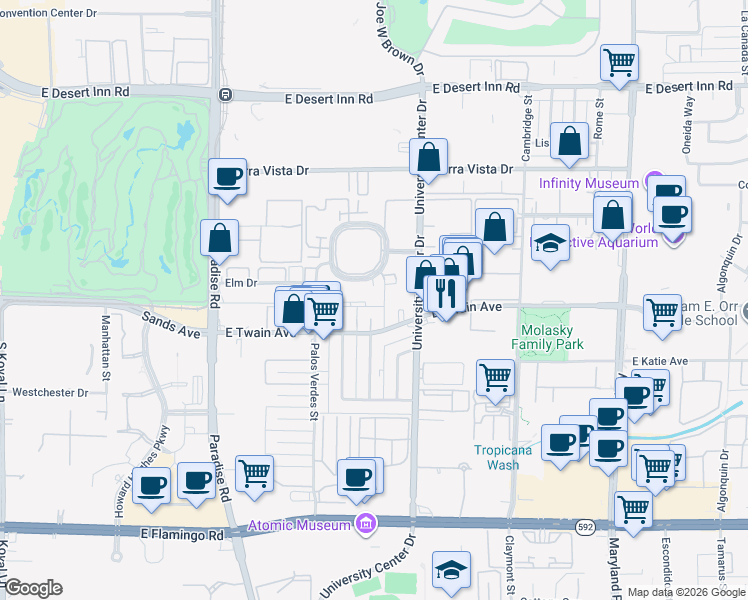 map of restaurants, bars, coffee shops, grocery stores, and more near 615 South Royal Crest Circle in Las Vegas