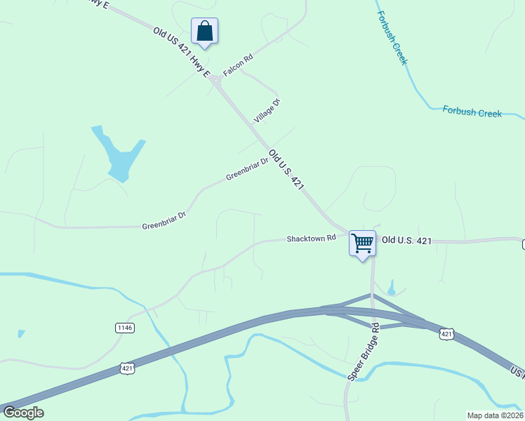 map of restaurants, bars, coffee shops, grocery stores, and more near 3404 Brookfield Lane in Yadkinville
