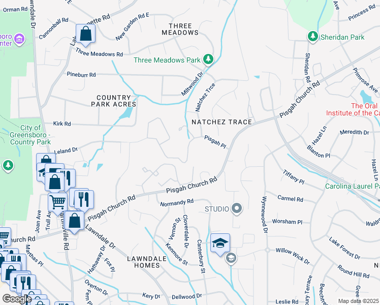 map of restaurants, bars, coffee shops, grocery stores, and more near 3100 Pisgah Place in Greensboro