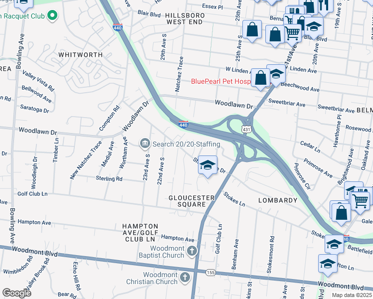 map of restaurants, bars, coffee shops, grocery stores, and more near 9 Sharonwood Drive in Nashville