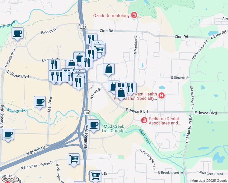 map of restaurants, bars, coffee shops, grocery stores, and more near 1164 East Joyce Boulevard in Fayetteville