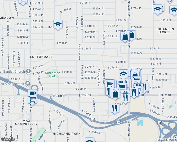 map of restaurants, bars, coffee shops, grocery stores, and more near 5746 East 27th Place in Tulsa