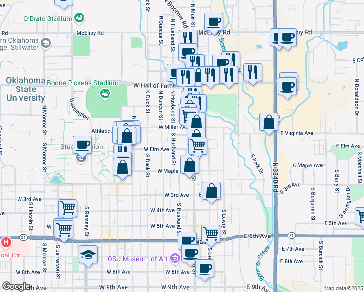 map of restaurants, bars, coffee shops, grocery stores, and more near 115 North Main Street in Stillwater
