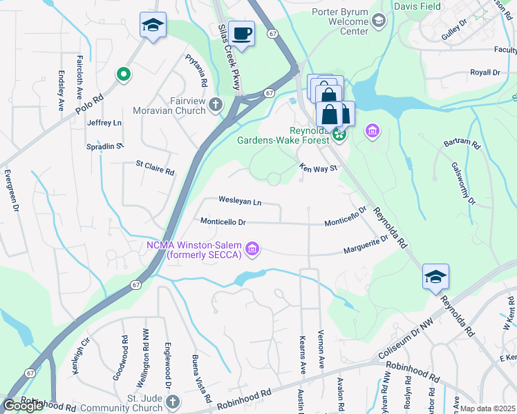 map of restaurants, bars, coffee shops, grocery stores, and more near 2828 Wesleyan Lane in Winston-Salem