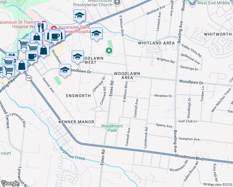 map of restaurants, bars, coffee shops, grocery stores, and more near 608 Estes Road in Nashville