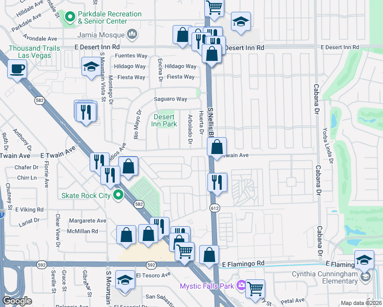 map of restaurants, bars, coffee shops, grocery stores, and more near 3682 Arbolado Drive in Las Vegas