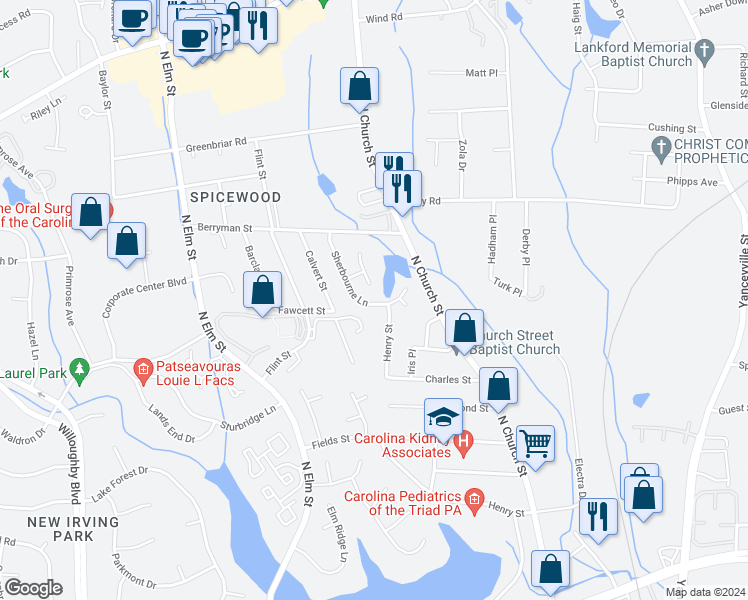 map of restaurants, bars, coffee shops, grocery stores, and more near 3602 Sherbourne Lane in Greensboro
