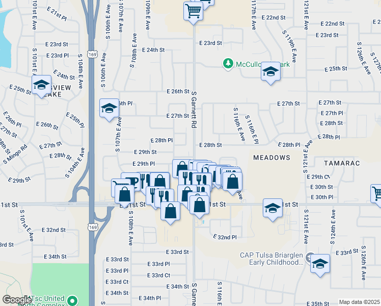 map of restaurants, bars, coffee shops, grocery stores, and more near 11133 East 29th Street in Tulsa