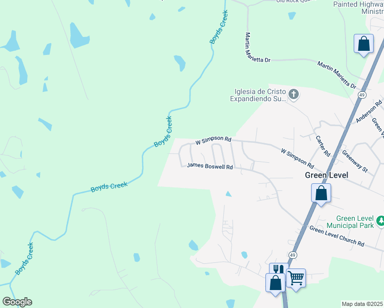 map of restaurants, bars, coffee shops, grocery stores, and more near 2646 West Simpson Road in Green Level