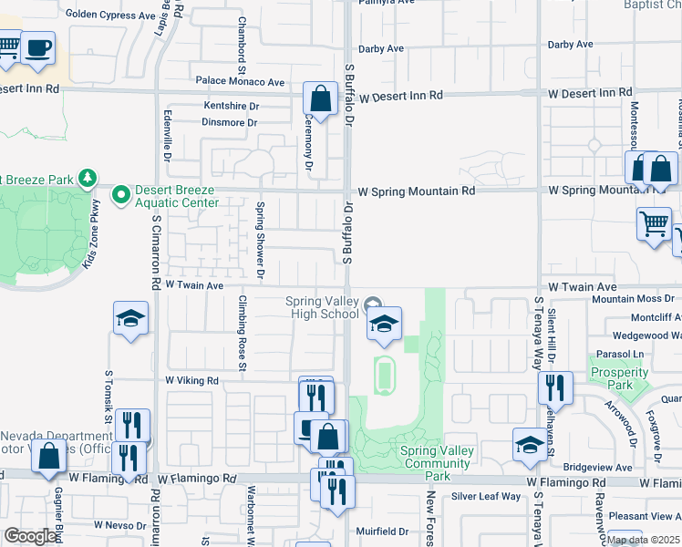 map of restaurants, bars, coffee shops, grocery stores, and more near 3674 Springbud Drive in Las Vegas