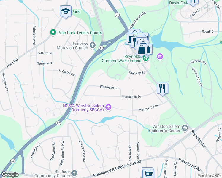 map of restaurants, bars, coffee shops, grocery stores, and more near 2828 Wesleyan Lane in Winston-Salem