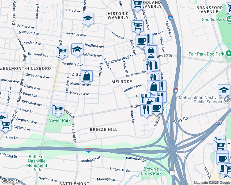 map of restaurants, bars, coffee shops, grocery stores, and more near in Nashville