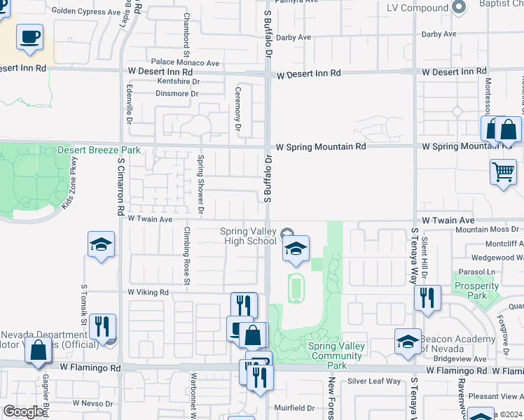 map of restaurants, bars, coffee shops, grocery stores, and more near 3674 Springbud Drive in Las Vegas