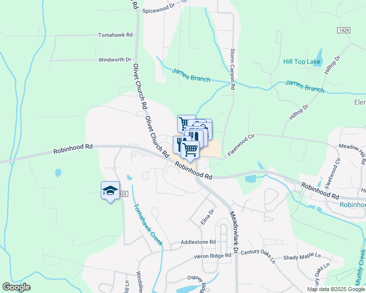 map of restaurants, bars, coffee shops, grocery stores, and more near Robinhood Village Drive in Winston-Salem