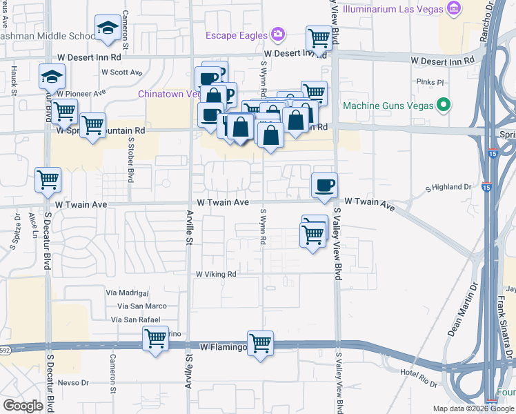 map of restaurants, bars, coffee shops, grocery stores, and more near 4155 West Twain Avenue in Las Vegas