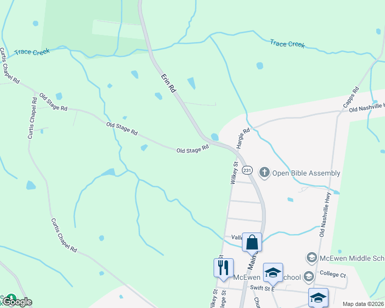 map of restaurants, bars, coffee shops, grocery stores, and more near 38 Old Stage Road in McEwen