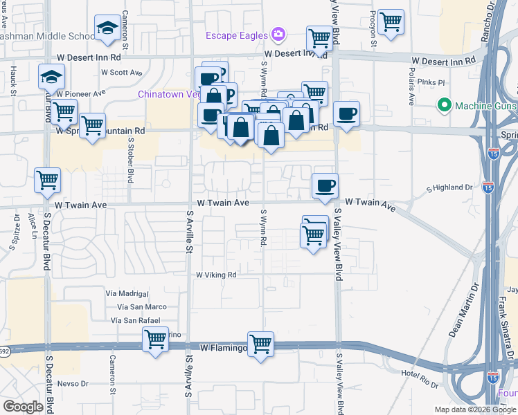 map of restaurants, bars, coffee shops, grocery stores, and more near 4155 West Twain Avenue in Las Vegas
