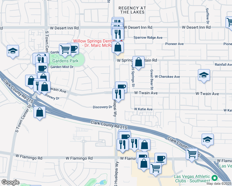 map of restaurants, bars, coffee shops, grocery stores, and more near S Hualapai Way & W Twain Ave in Spring Valley